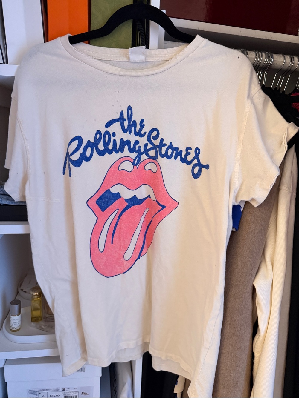The Rolling Stones White Vintage Tee with Pink Tongue and Blue Logo